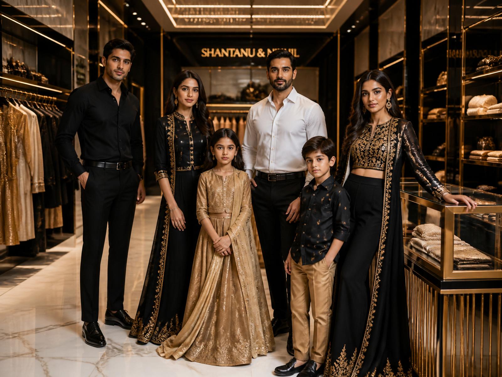Premium fashion showroom with men, women and kids in luxury apparel